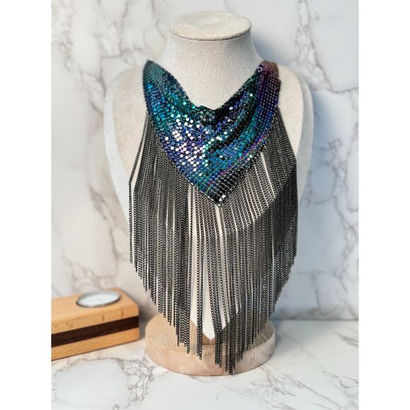 Metal Mesh Bib Necklace with Chain Fringe - Picture 3 of 5